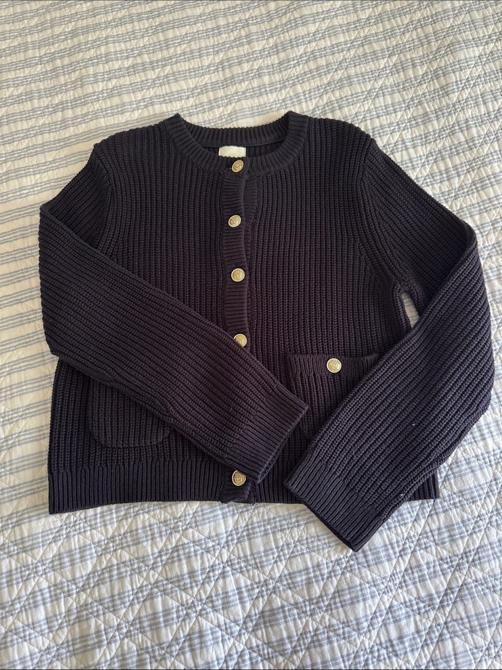 Classic Women's Navy Rib-Knit Button Cardigan Sweater